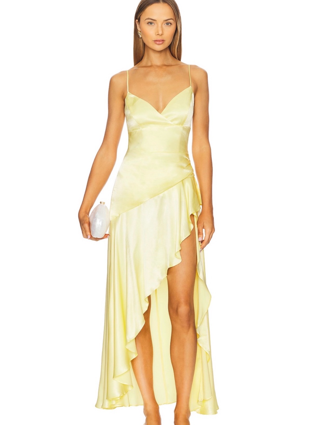 Bardot Lemon Satin High-Low Ruffle Slip Dress